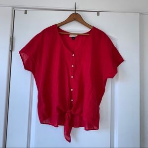 Red button-down, tie shirt